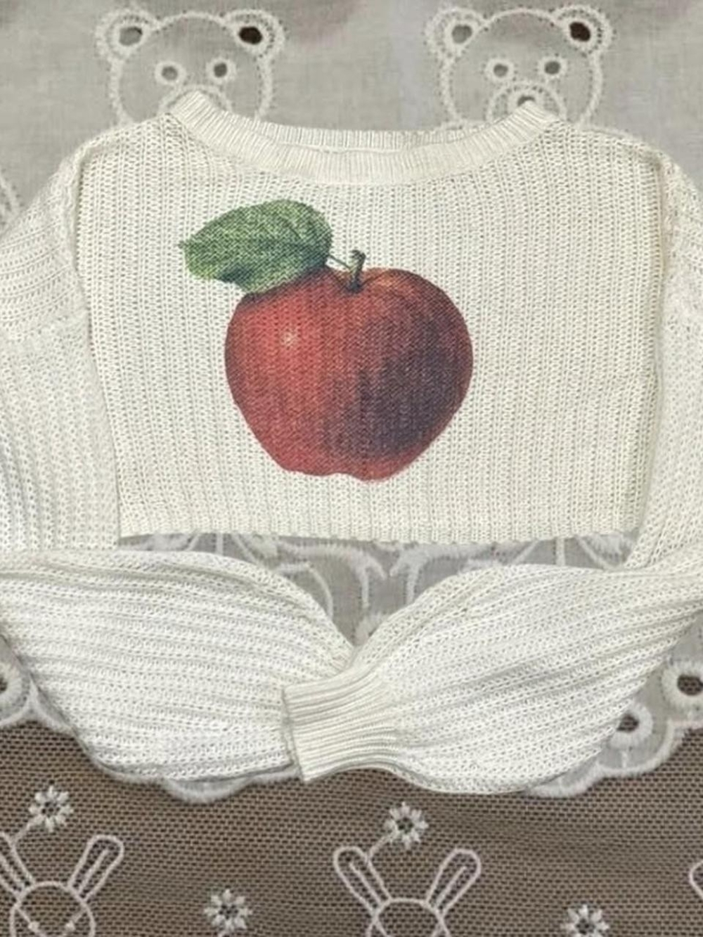 White Kids Sweater with Apple Graphic